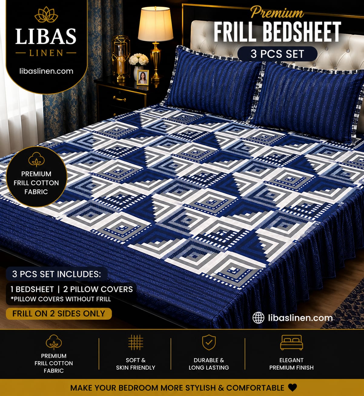 Premium 3 Pcs Frill Bedsheet Set – King Size Soft Cotton Luxury Bedding