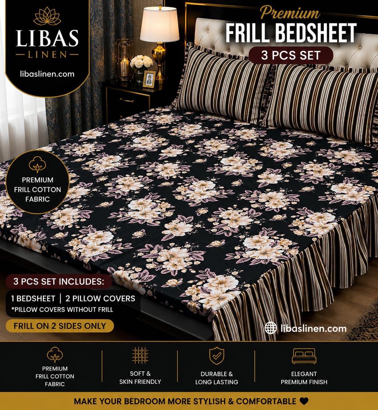 Premium 3 Pcs Frill Bedsheet Set – King Size Soft Cotton Luxury Bedding