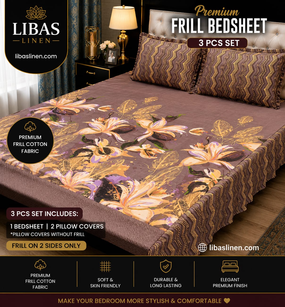 Premium 3 Pcs Frill Bedsheet Set – King Size Soft Cotton Luxury Bedding