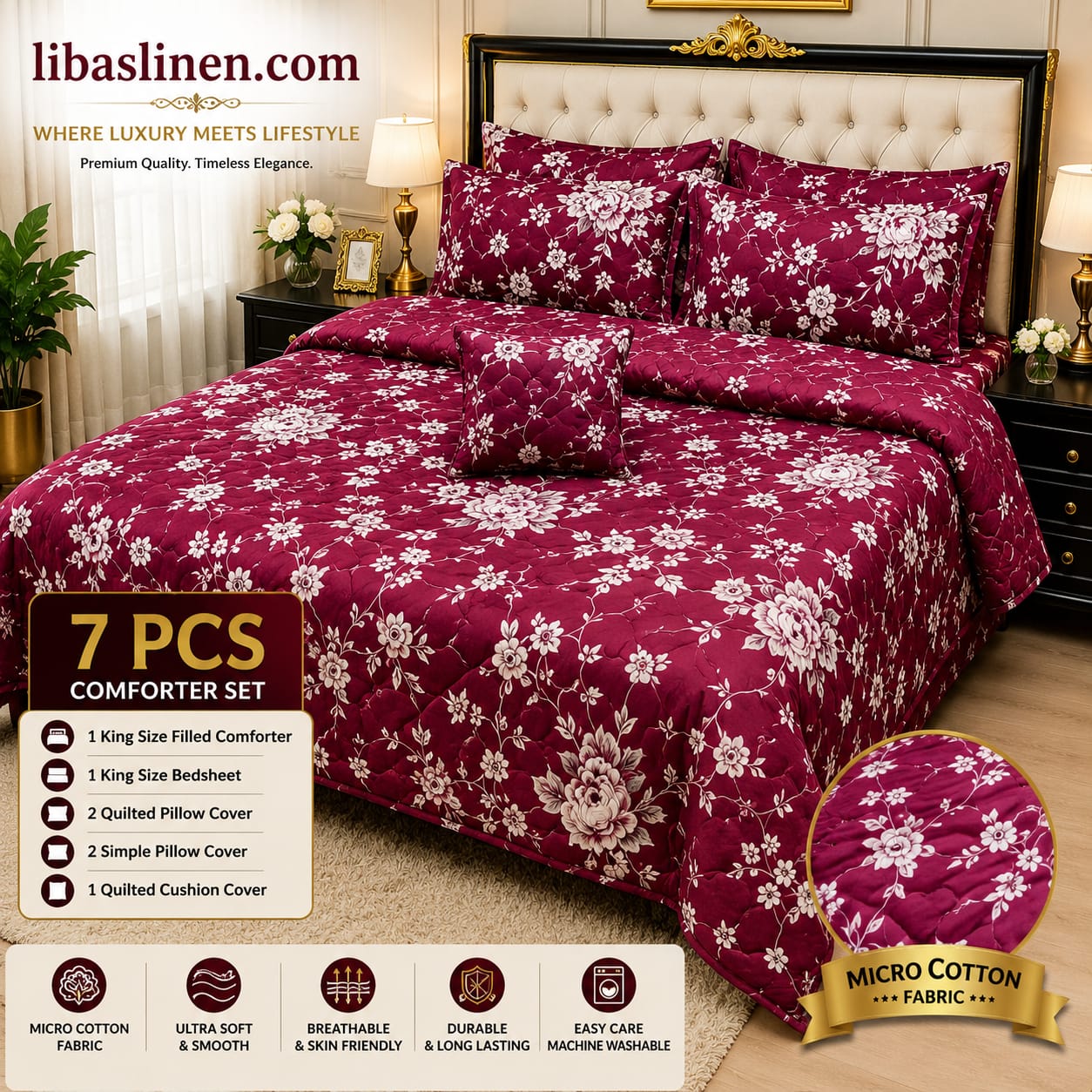 7 Piece Printed Comforter Set – King Size Cotton Mix Luxury Bedding Set with Filled Comforter