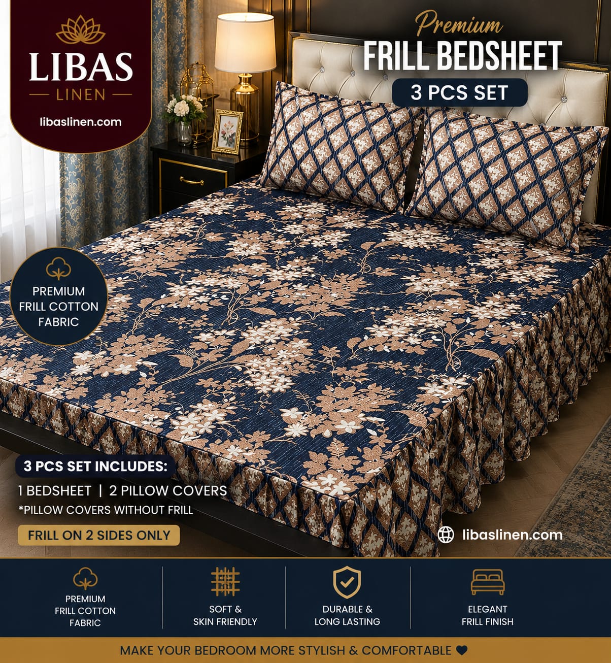 Premium 3 Pcs Frill Bedsheet Set – King Size Soft Cotton Luxury Bedding