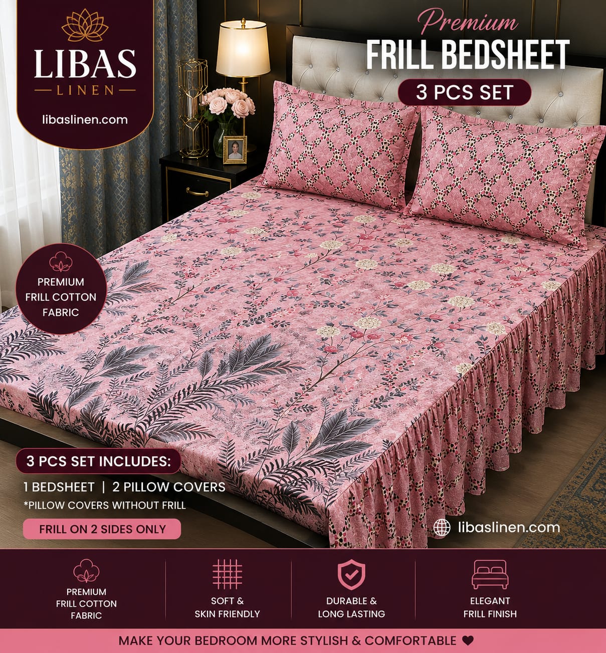 Premium 3 Pcs Frill Bedsheet Set – King Size Soft Cotton Luxury Bedding