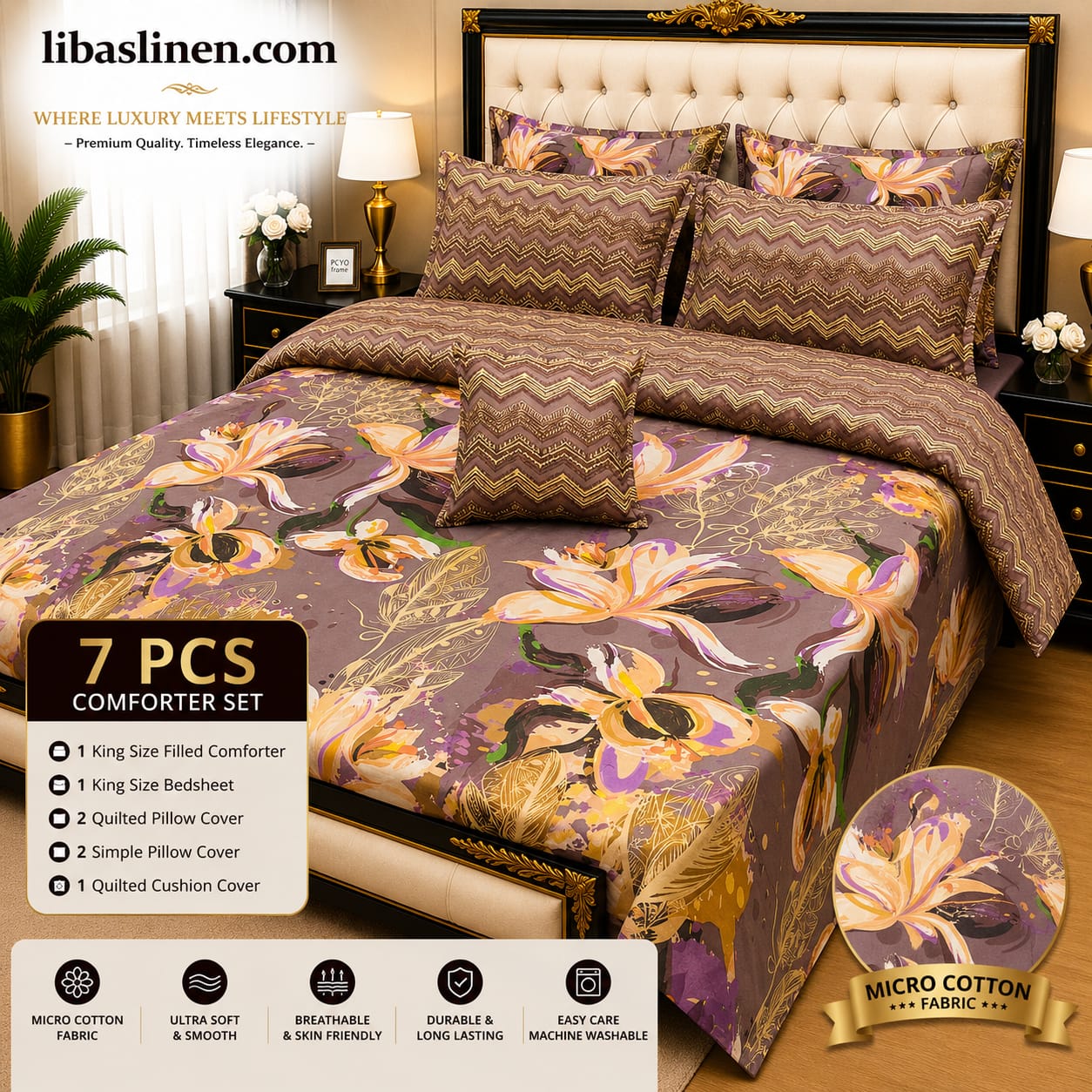 7 Piece Printed Comforter Set – King Size Cotton Mix Luxury Bedding Set with Filled Comforter