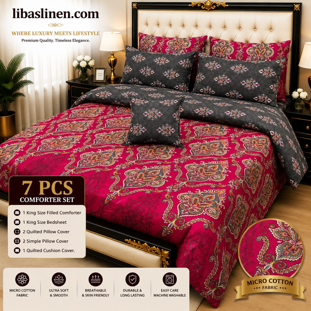7 Piece Printed Comforter Set – King Size Cotton Mix Luxury Bedding Set with Filled Comforter
