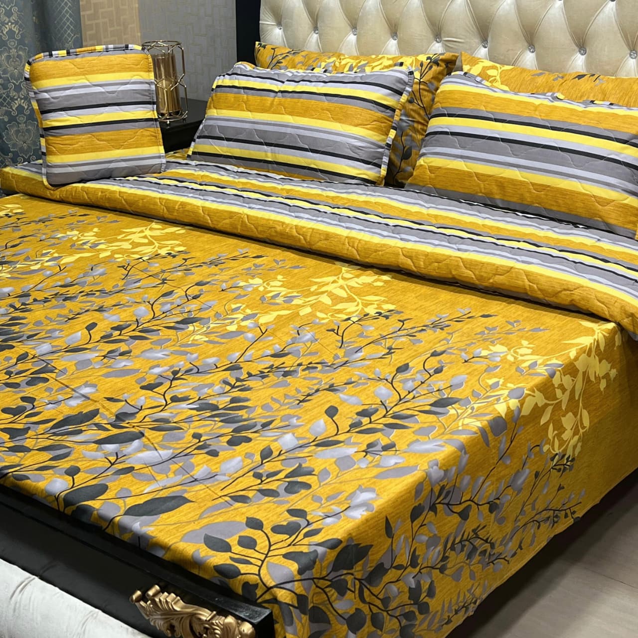 Elegant Yellow 7 Pcs Printed Comforter Set – King Size Cotton Blend Luxury Bedding Set with Filled Comforter & Complete Bed Linen Set