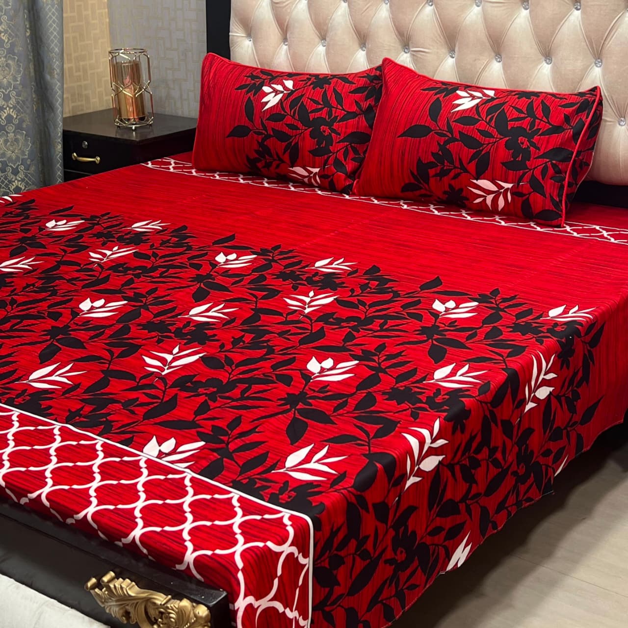 Luxury Red Floral 3 PCS King Size Crystal Cotton Bedsheet Set