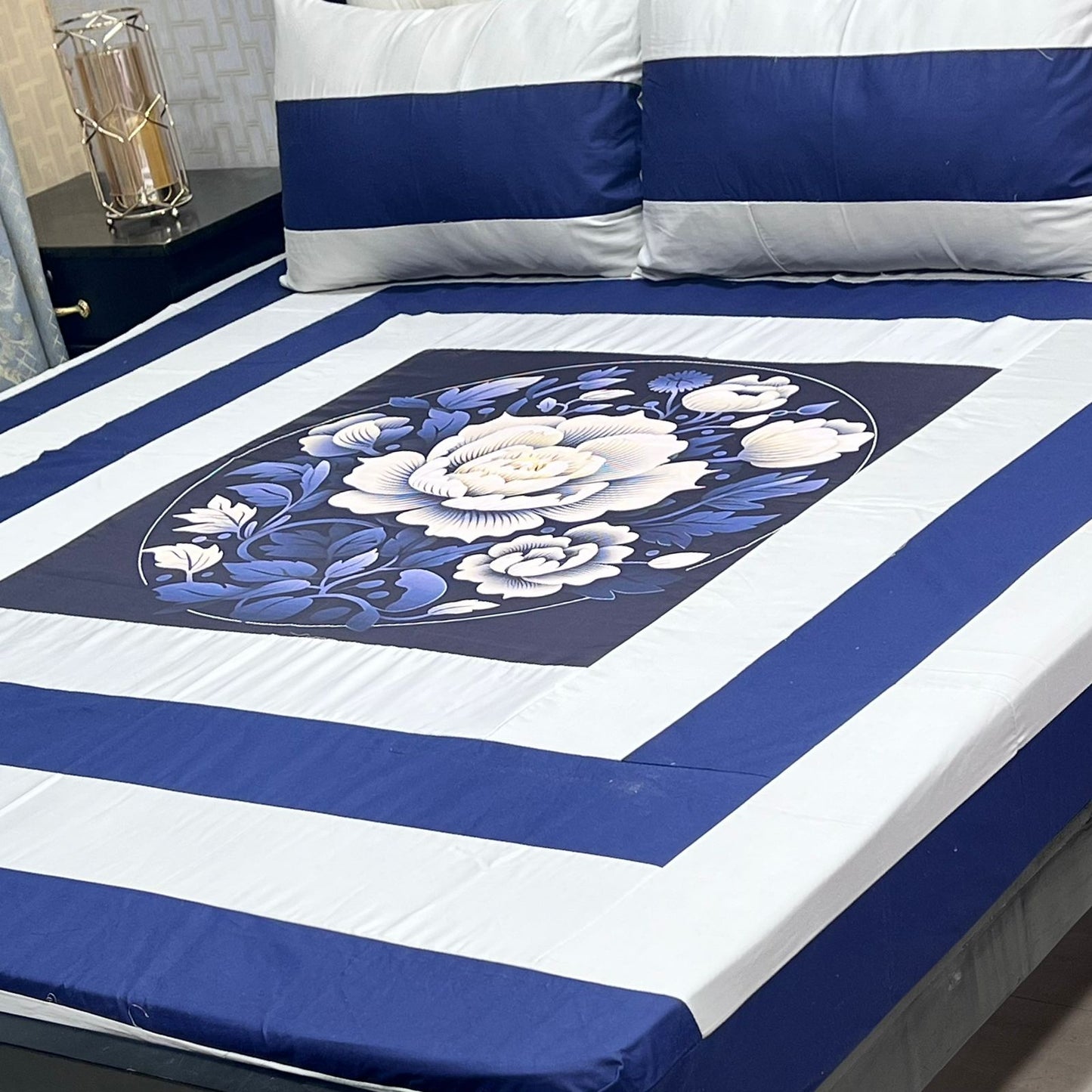 White & Blue Floral Digital Print King Size Bedsheet Set – 3 Piece Premium Cotton Bedding