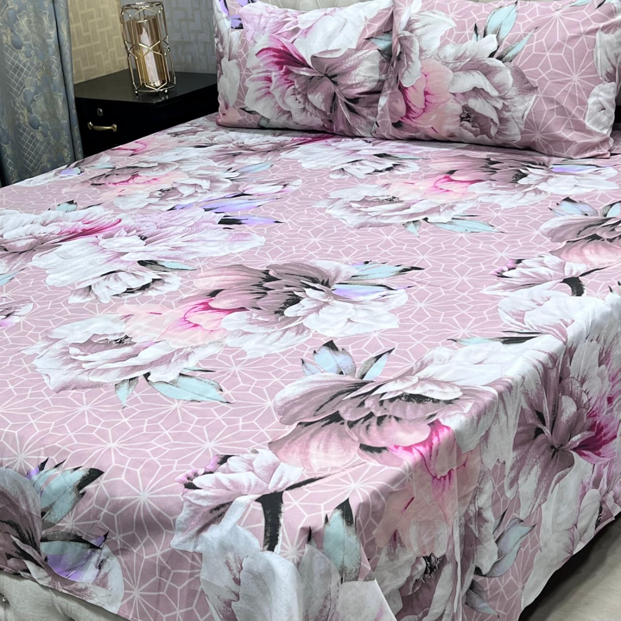 Light Pink Floral 3 Pcs Frill Bedsheet Set – King Size High Cotton Sylonica Premium Luxury Double Sided Bedding Set