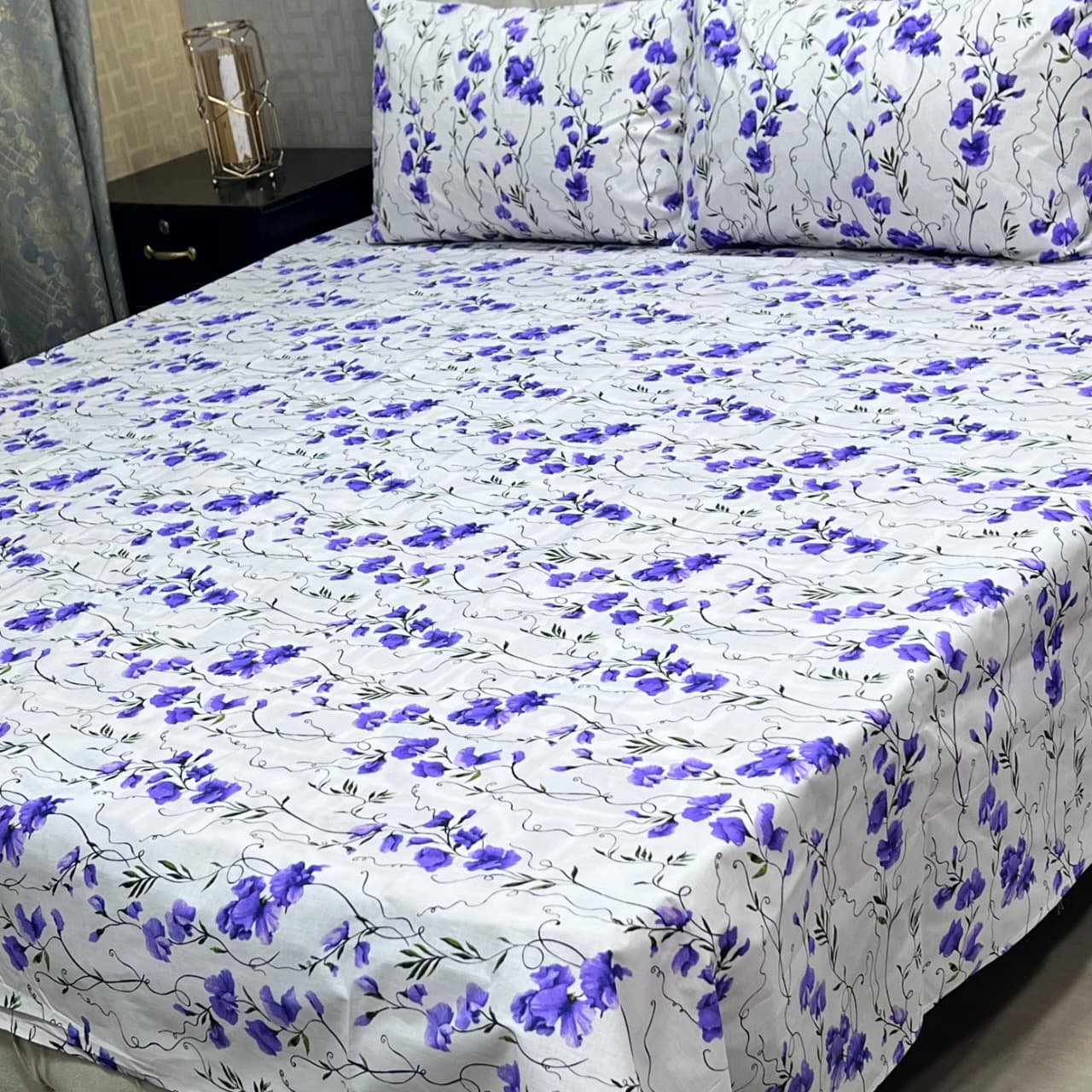 Beautiful White Floral 3 Pcs Frill Bedsheet Set – King Size High Cotton Sylonica Premium Luxury Double Sided Bedding Set