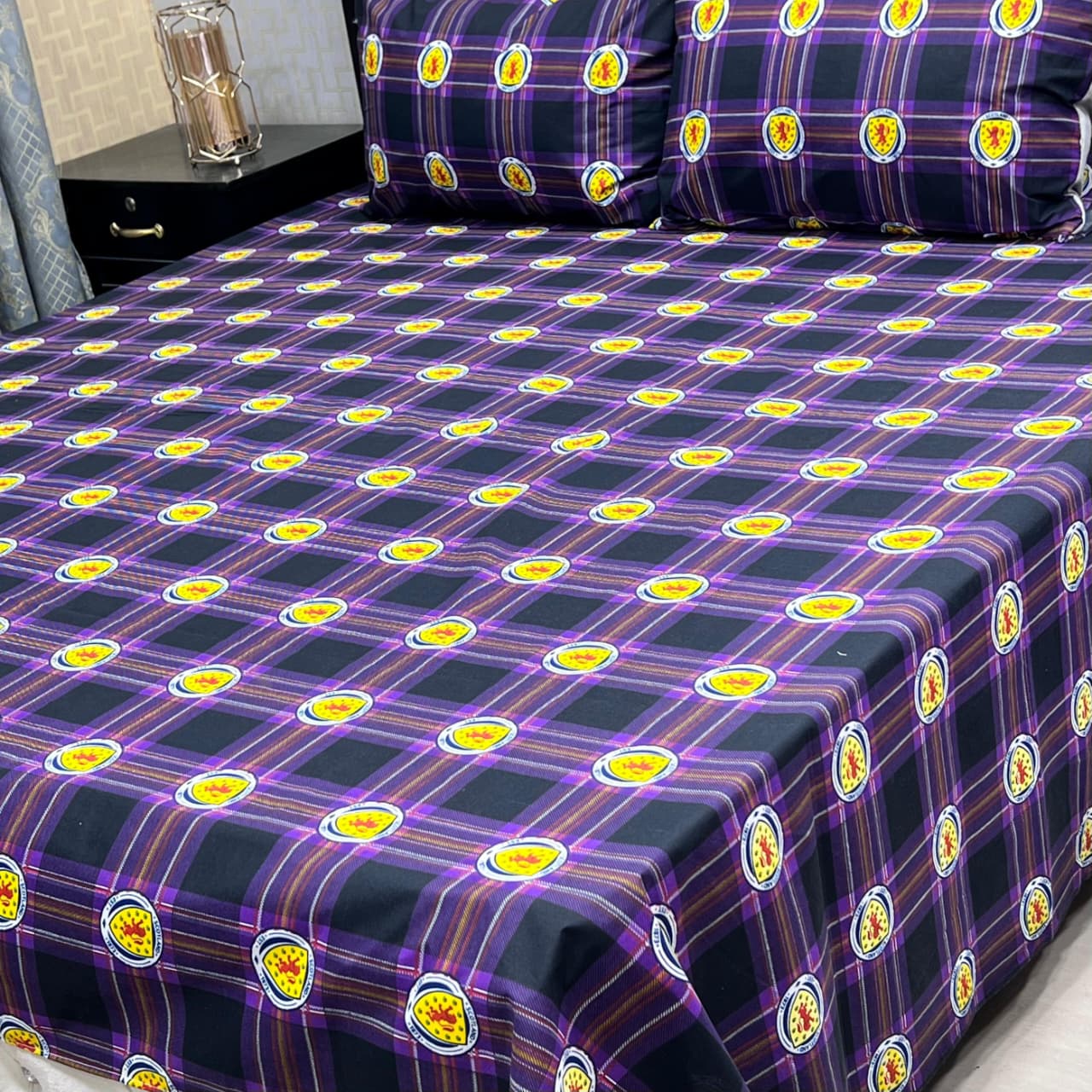 Purple Checkered 3 Pcs Frill Bedsheet Set – King Size High Cotton Sylonica Premium Luxury Double Sided Bedding Set