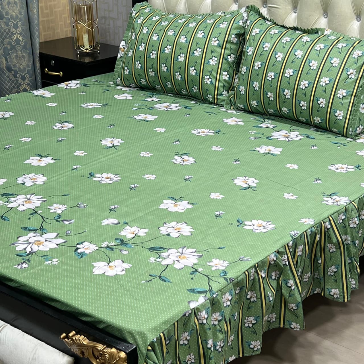 Green Floral 3 Pcs Frill Bedsheet Set – King Size Premium High Cotton Sylonica Luxury Bedding