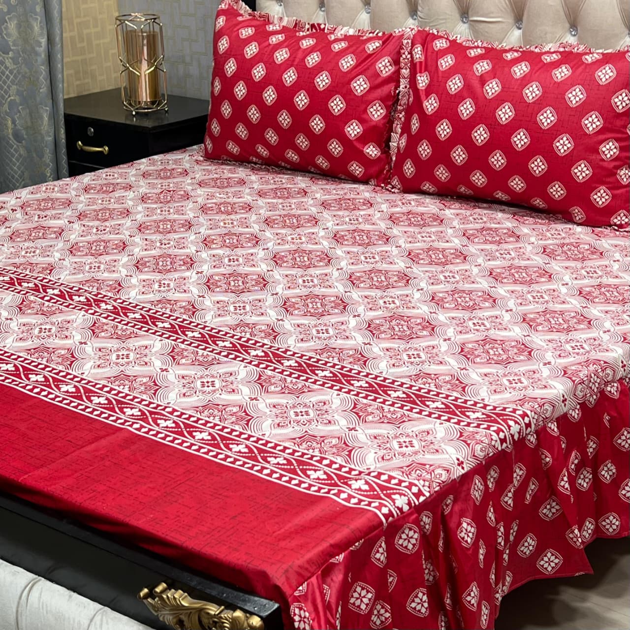 Red Floral Premium 3 Pcs Frill Bedsheet Set – King Size Elegant Luxury Cotton Bedding
