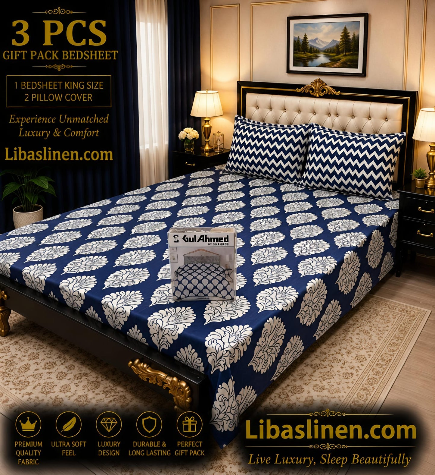 Gift Pack 3 Pcs cotton Mix Bedsheet Set-King Size Soft Cotton Luxury Bedding