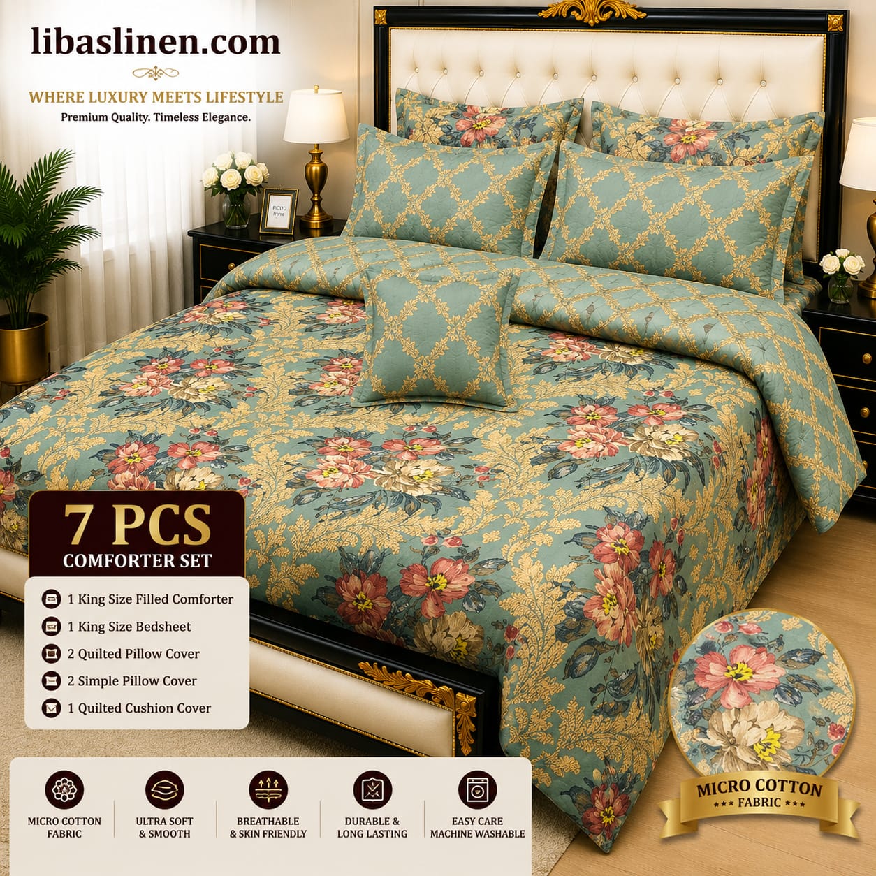 7 Pcs Printed Comforter Set – King Size Cotton Blend Premium Bedding Set with Filled Comforter & Complete Linen Collection