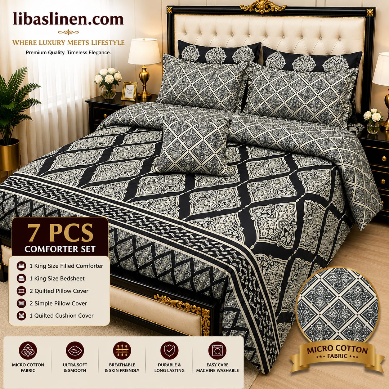 7 Piece Printed Comforter Set – King Size Cotton Mix Luxury Bedding Set with Filled Comforter