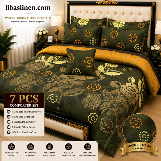 7 Piece Printed Comforter Set – King Size Cotton Mix Luxury Bedding Set with Filled Comforter