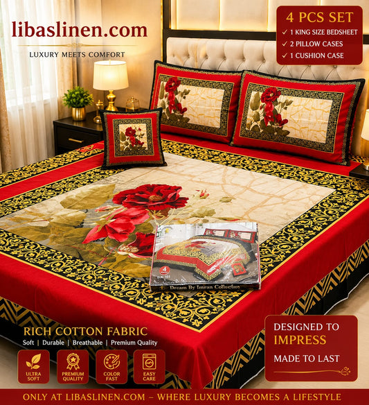 4PCS Bedsheet Set – Soft and 3D Digital Panel Bedsheet