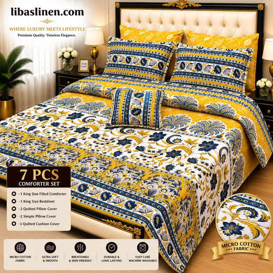 7 Piece Printed Comforter Set – King Size Cotton Mix Luxury Bedding Set with Filled Comforter