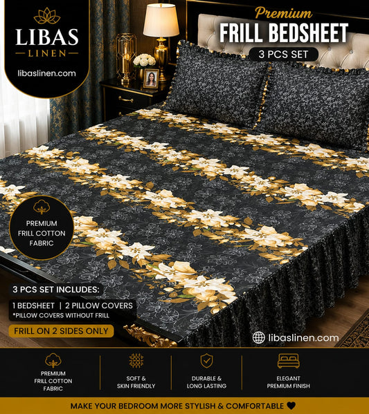 Premium 3 Pcs Frill Bedsheet Set – King Size Soft Cotton Luxury Bedding