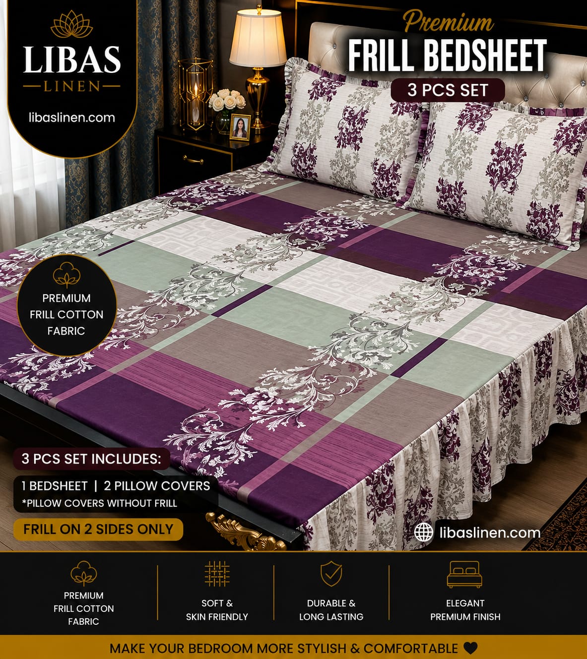 Premium 3 Pcs Frill Bedsheet Set – King Size Soft Cotton Luxury Bedding