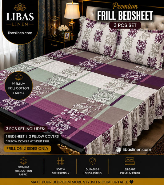 Premium 3 Pcs Frill Bedsheet Set – King Size Soft Cotton Luxury Bedding