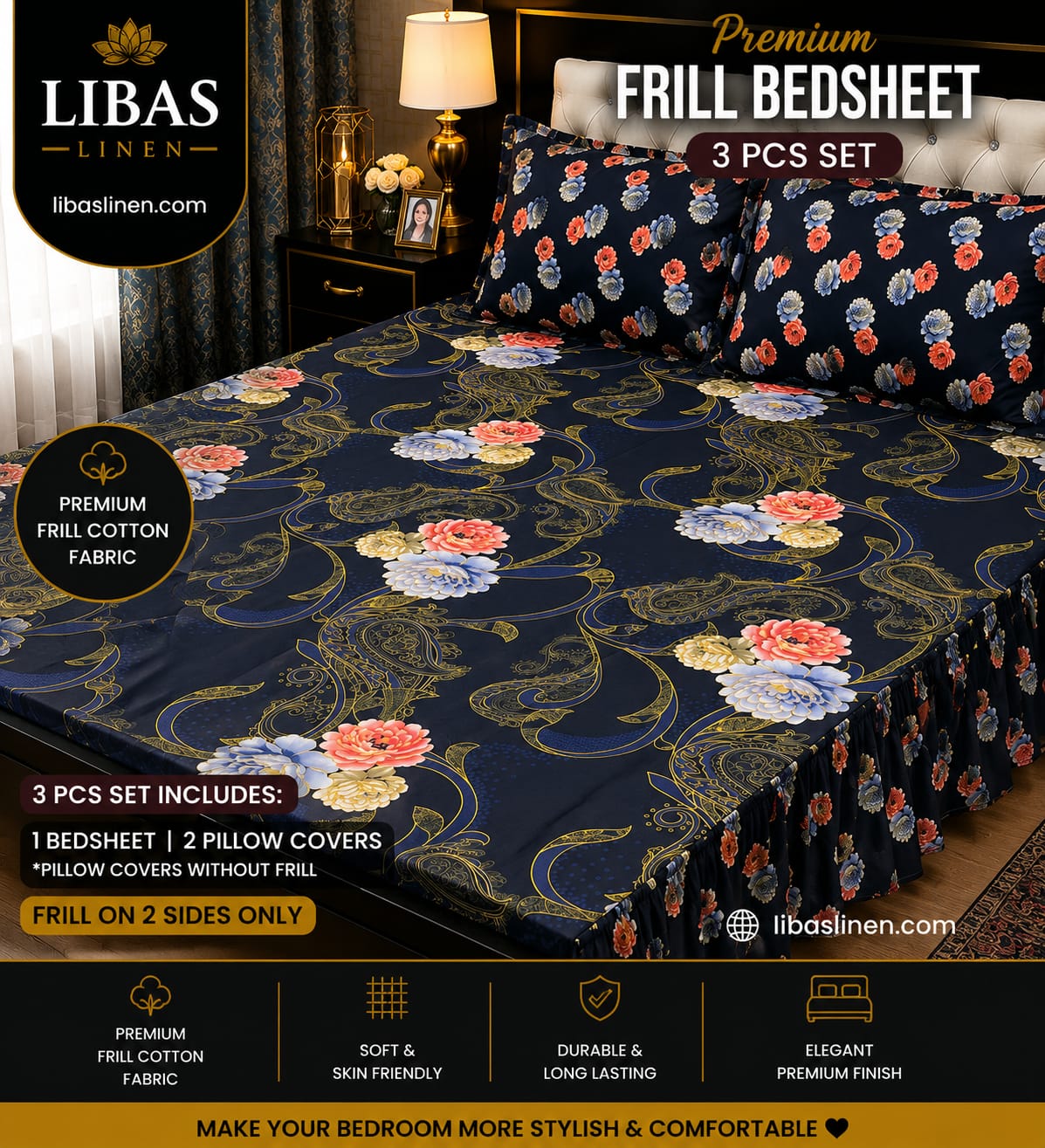 Premium 3 Pcs Frill Bedsheet Set – King Size Soft Cotton Luxury Bedding
