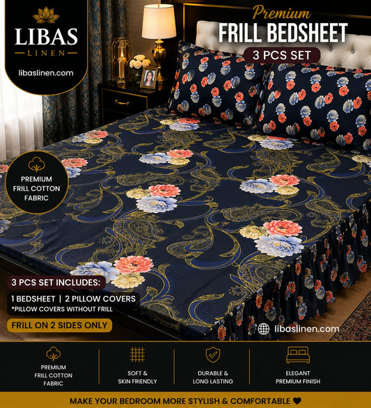 Premium 3 Pcs Frill Bedsheet Set – King Size Soft Cotton Luxury Bedding
