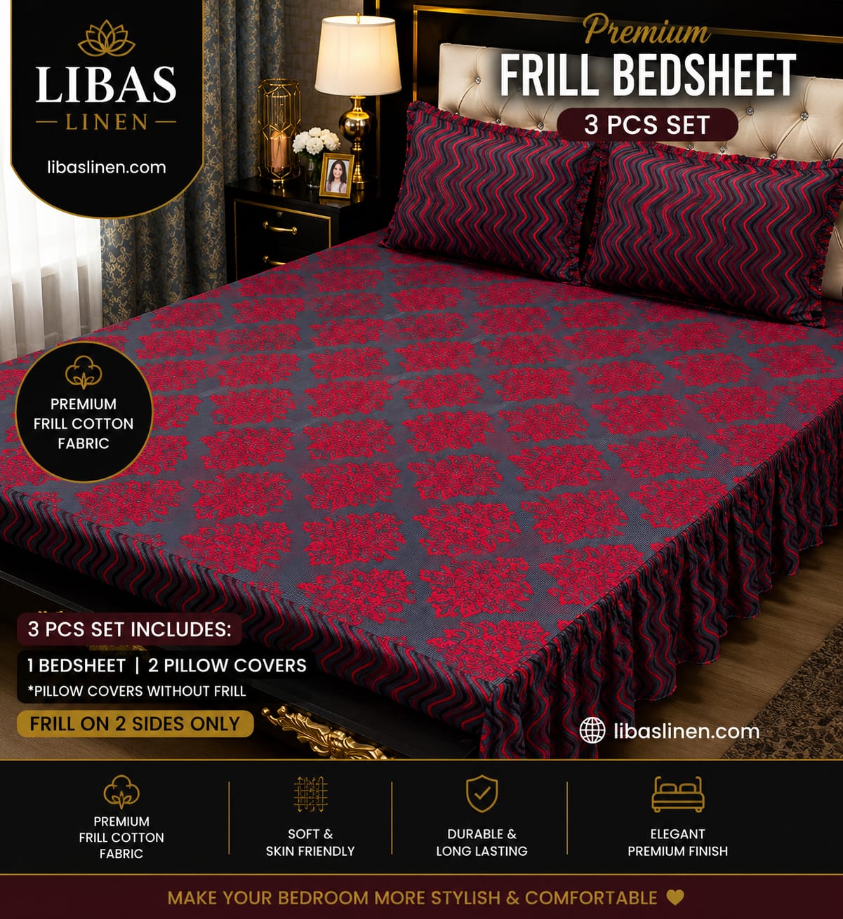 Premium 3 Pcs Frill Bedsheet Set – King Size Soft Cotton Luxury Bedding