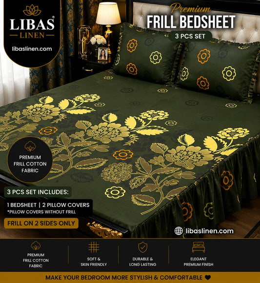 Premium 3 Pcs Frill Bedsheet Set – King Size Soft Cotton Luxury Bedding