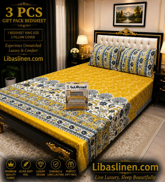 Gift Pack 3 Pcs cotton Mix Bedsheet Set-King Size Soft Cotton Luxury Bedding