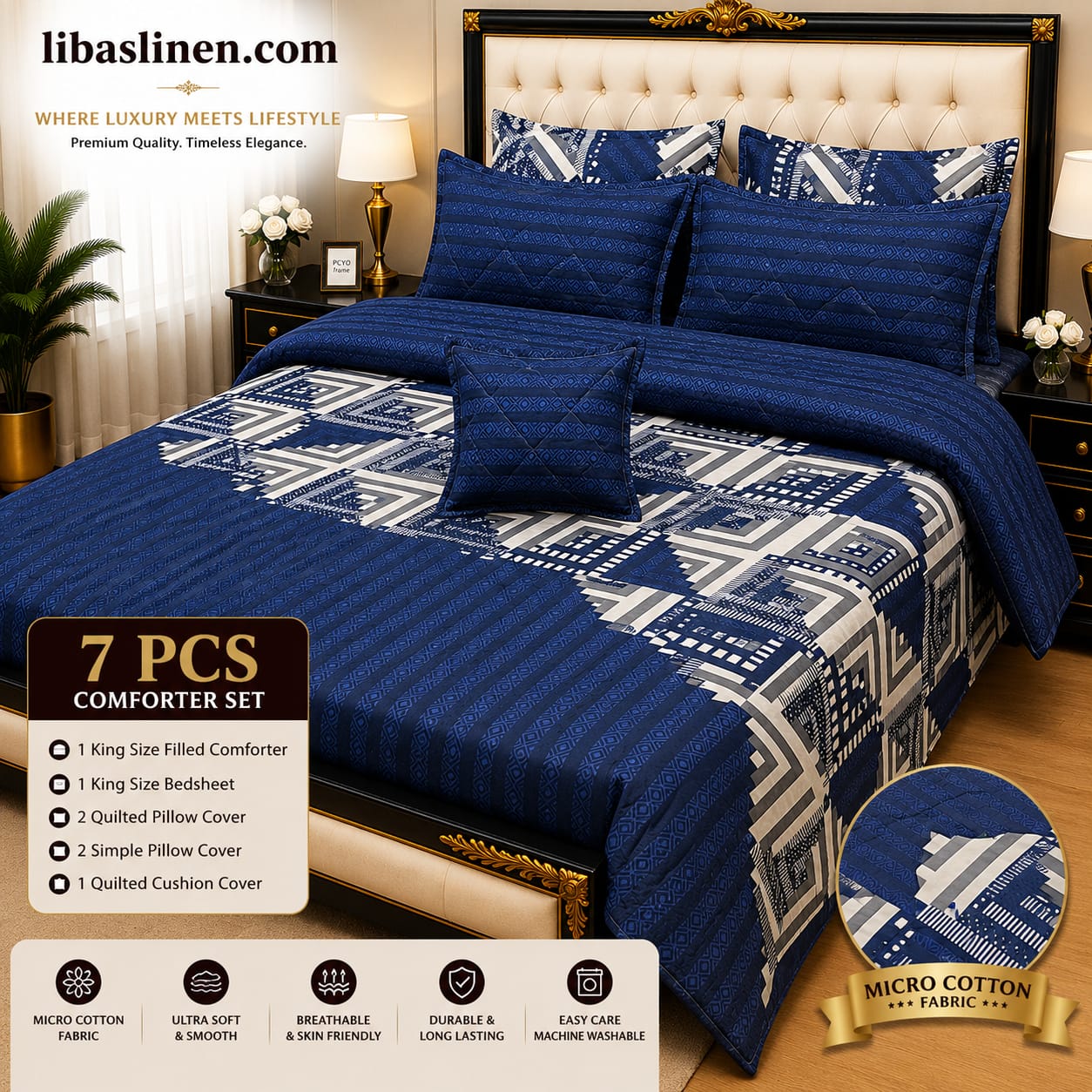 7 Piece Printed Comforter Set – King Size Cotton Mix Luxury Bedding Set with Filled Comforter
