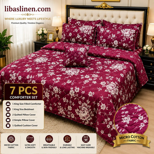 7 Piece Printed Comforter Set – King Size Cotton Mix Luxury Bedding Set with Filled Comforter