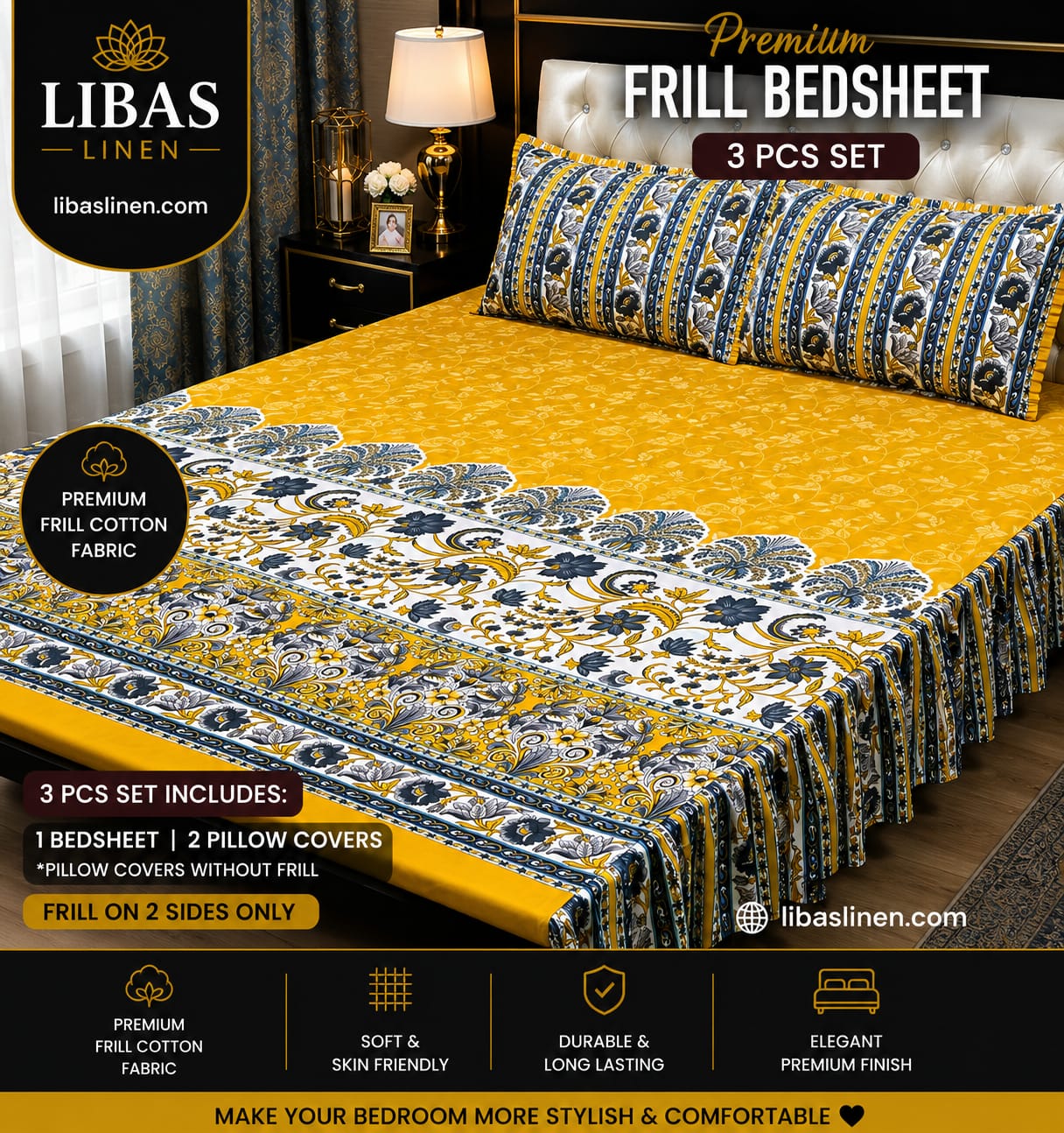 Premium 3 Pcs Frill Bedsheet Set – King Size Soft Cotton Luxury Bedding