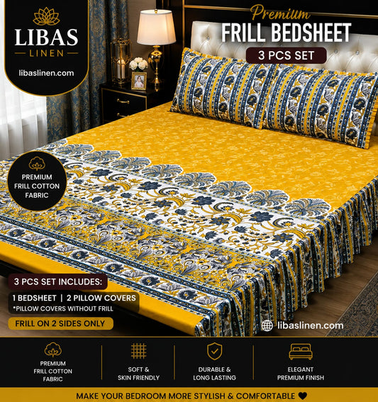 Premium 3 Pcs Frill Bedsheet Set – King Size Soft Cotton Luxury Bedding
