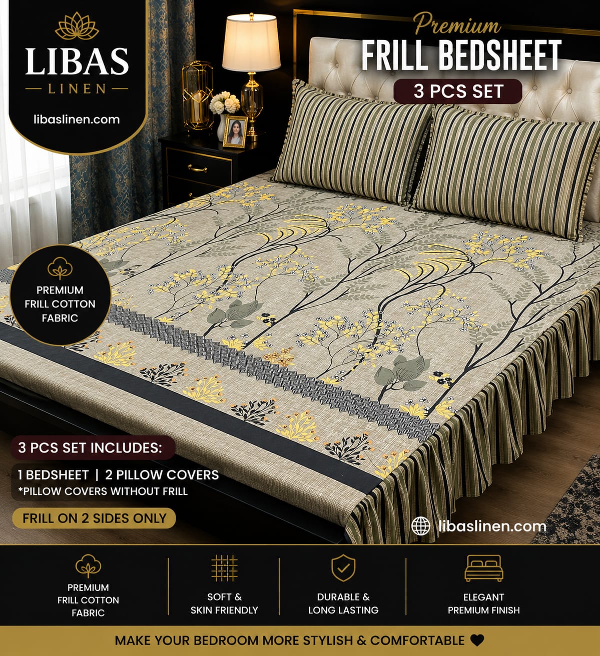 Premium 3 Pcs Frill Bedsheet Set – King Size Soft Cotton Luxury Bedding