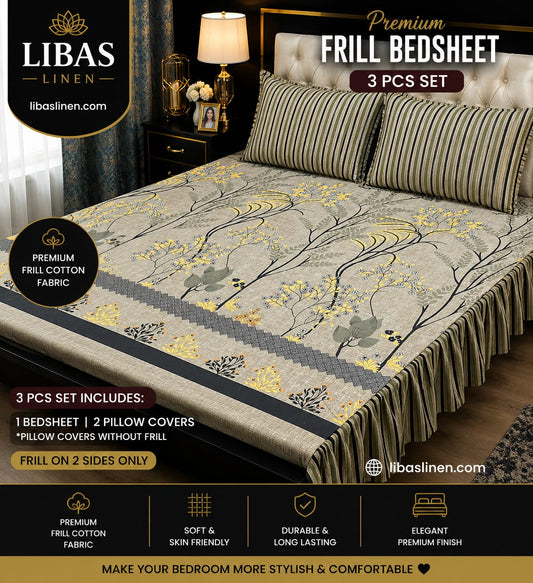 Premium 3 Pcs Frill Bedsheet Set – King Size Soft Cotton Luxury Bedding