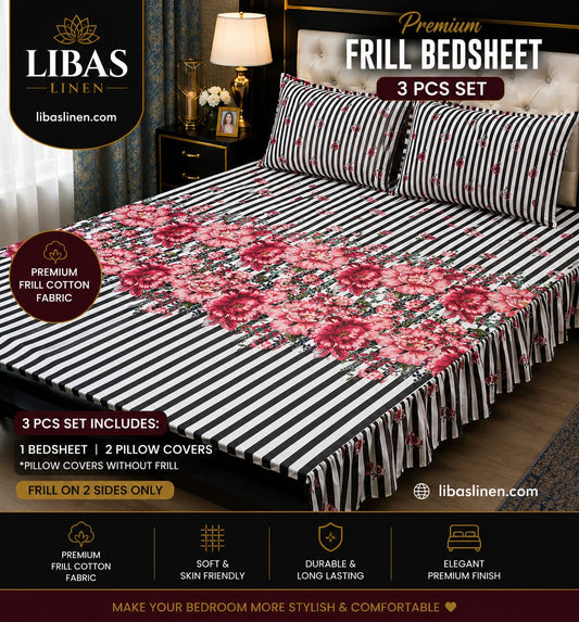 Premium 3 Pcs Frill Bedsheet Set – King Size Soft Cotton Luxury Bedding