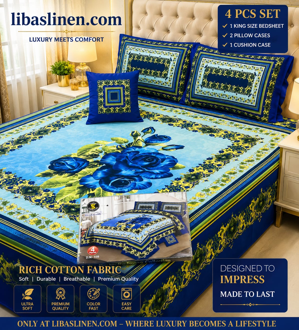 4PCS Bedsheet Set – Soft and 3D Digital Panel Bedsheet