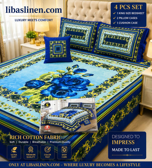 4PCS Bedsheet Set – Soft and 3D Digital Panel Bedsheet