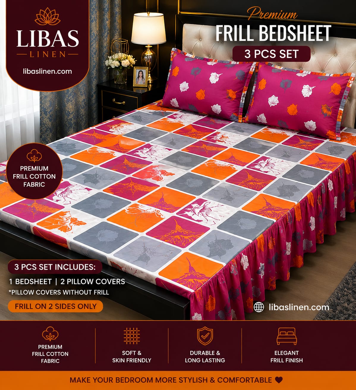 Premium 3 Pcs Frill Bedsheet Set – King Size Soft Cotton Luxury Bedding