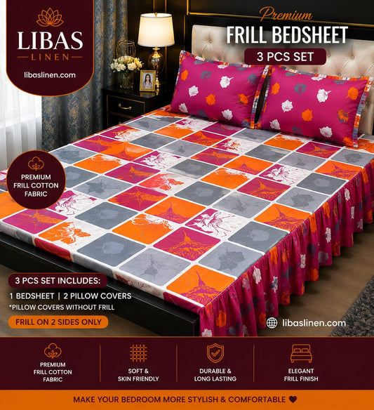 Premium 3 Pcs Frill Bedsheet Set – King Size Soft Cotton Luxury Bedding