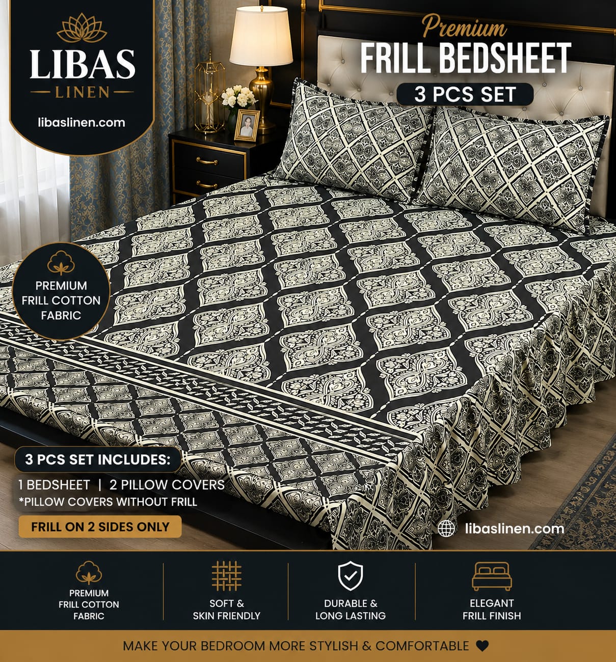 Premium 3 Pcs Frill Bedsheet Set – King Size Soft Cotton Luxury Bedding