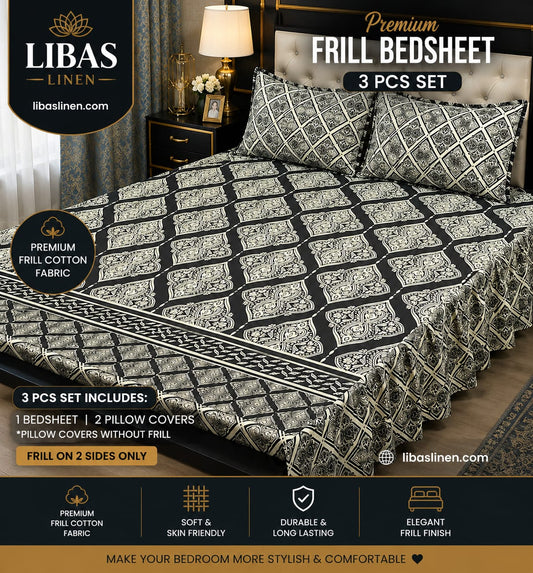 Premium 3 Pcs Frill Bedsheet Set – King Size Soft Cotton Luxury Bedding
