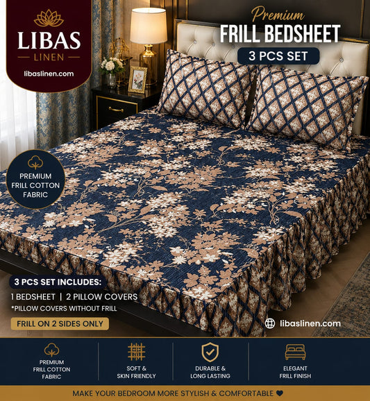 Premium 3 Pcs Frill Bedsheet Set – King Size Soft Cotton Luxury Bedding