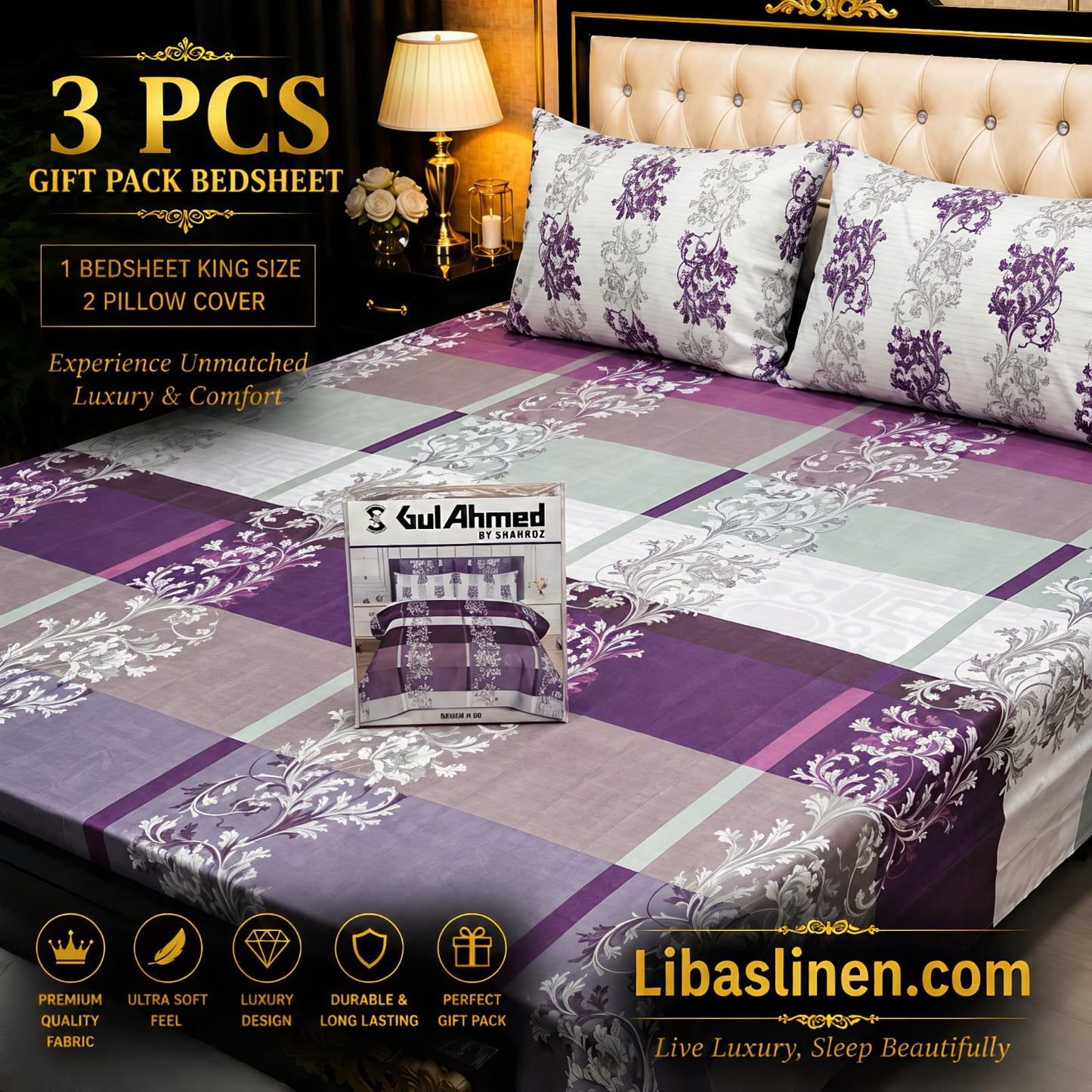 Gift Pack 3 Pcs cotton Mix Bedsheet Set-King Size Soft Cotton Luxury Bedding