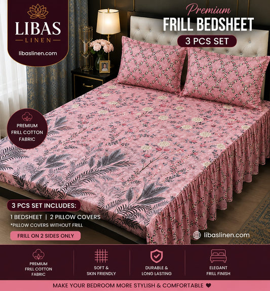Premium 3 Pcs Frill Bedsheet Set – King Size Soft Cotton Luxury Bedding