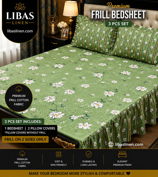 Premium 3 Pcs Frill Bedsheet Set – King Size Soft Cotton Luxury Bedding