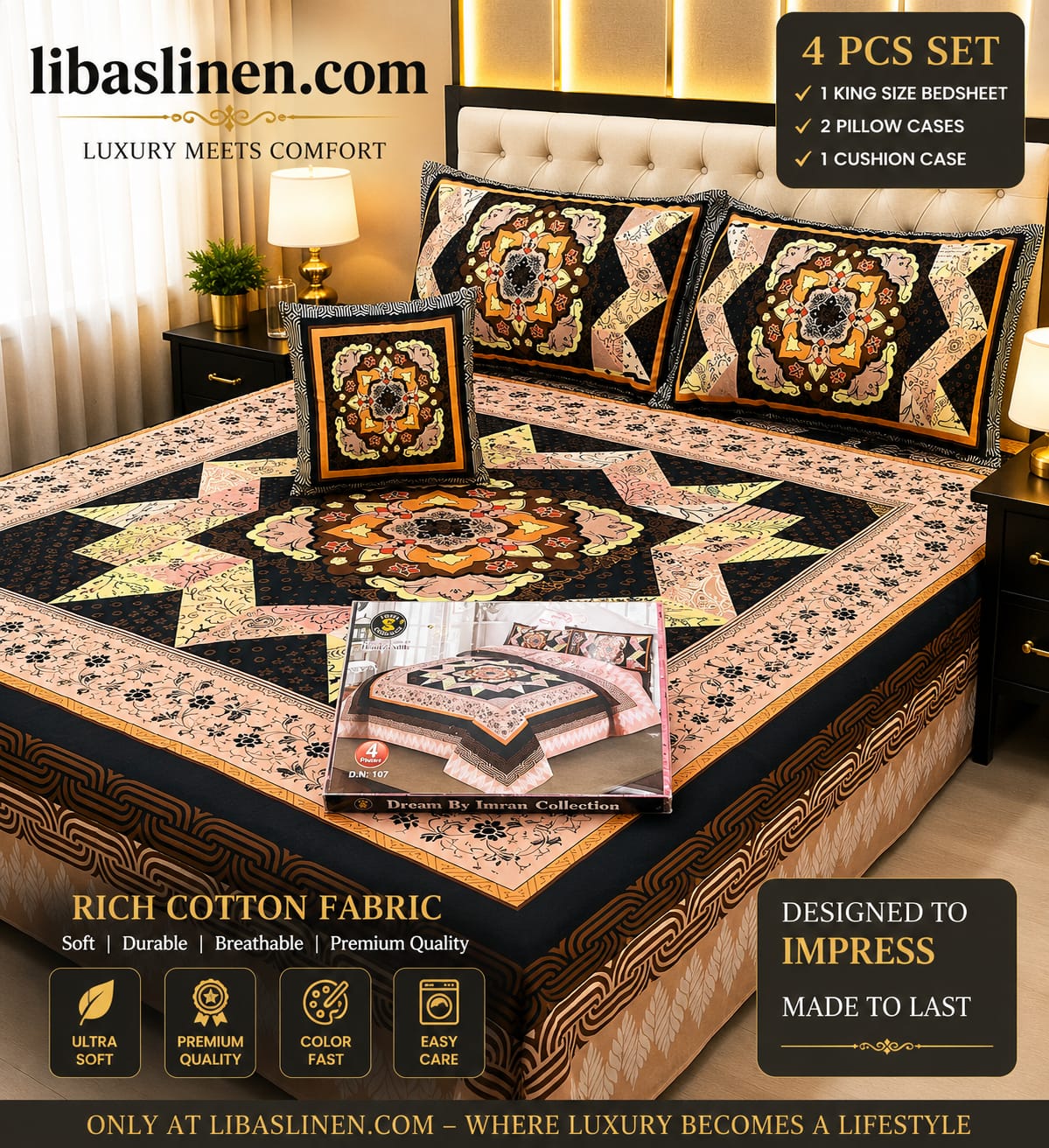 4PCS Bedsheet Set – Soft and 3D Digital Panel Bedsheet