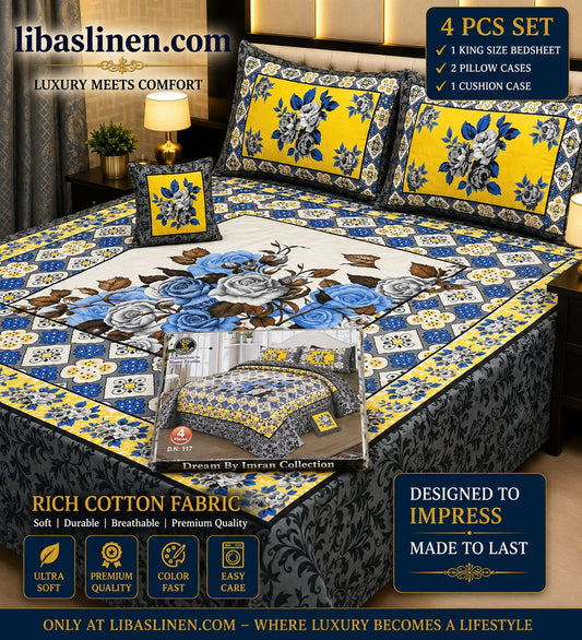 4PCS Bedsheet Set – Soft and 3D Digital Panel Bedsheet