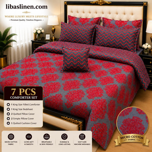 7 Piece Printed Comforter Set – King Size Cotton Mix Luxury Bedding Set with Filled Comforter